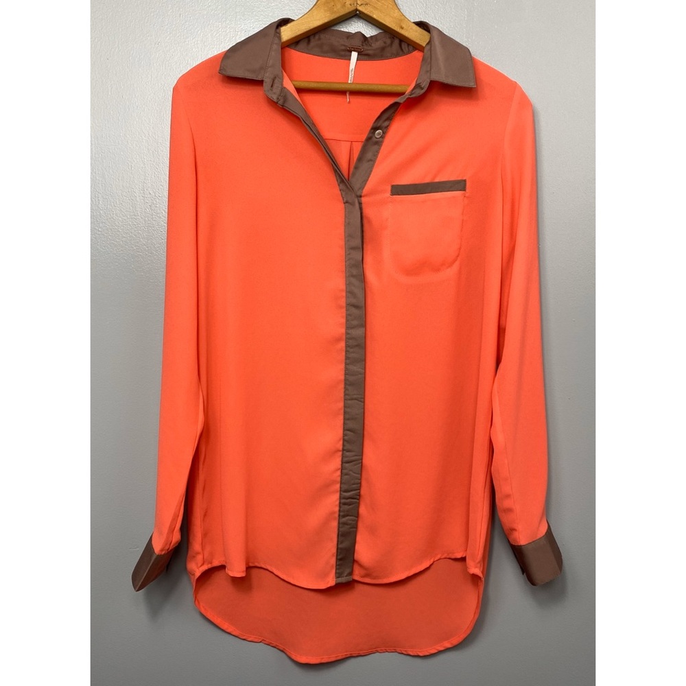 Free People Orange and Brown Button-Down Blouse